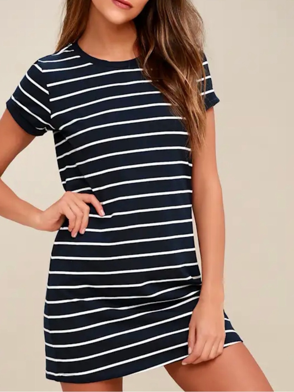 LULUS Women Cafe Society Navy Blue Striped Short Sleeve Shirt Dress Size Small